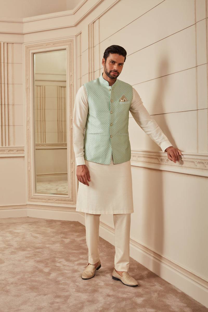 Tasva Teal Jacquard Bundi - India shopping