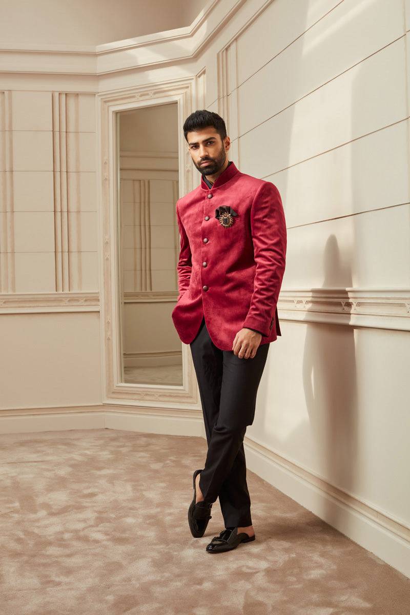 Tasva Velvet Kantha Stitch Bandhgala - India shopping