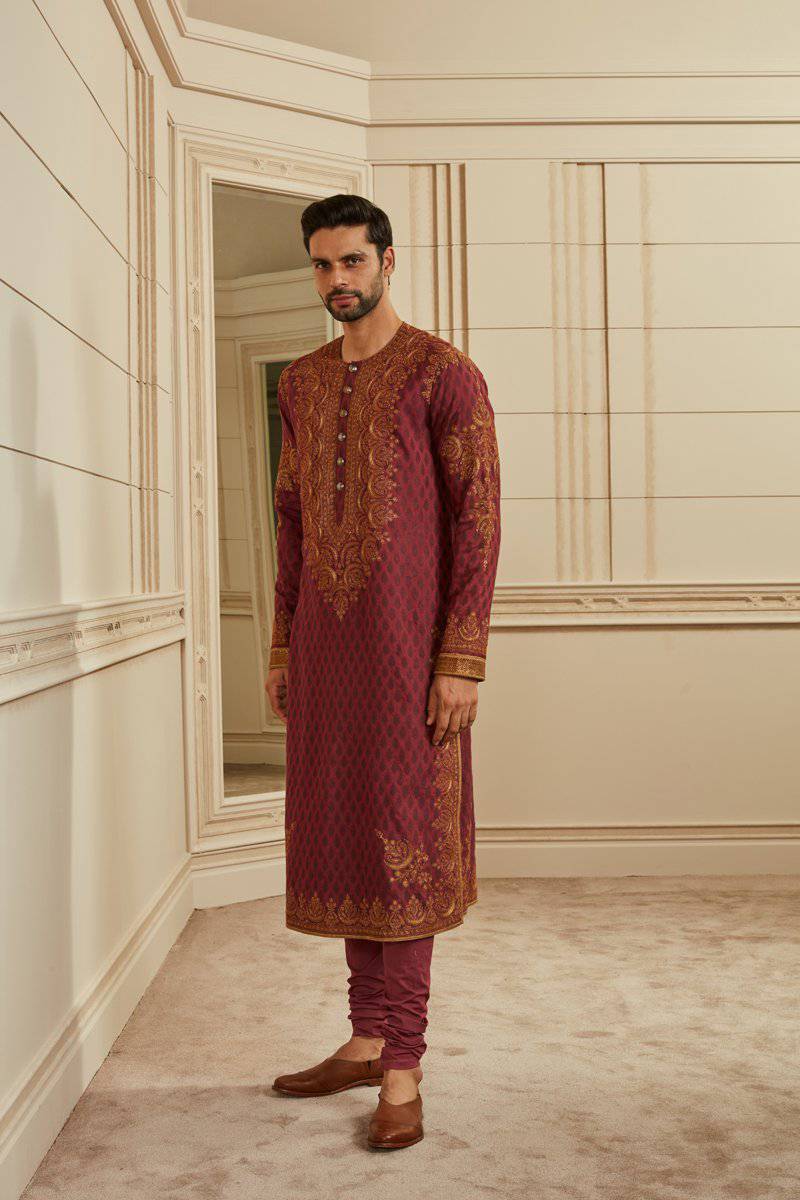 Tasva Wine Cotton Jacquard Embroidered Kurta Set - India shopping