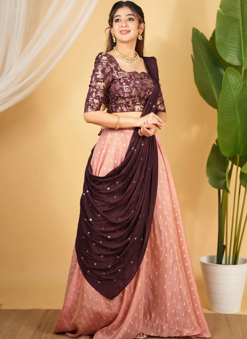 Maroon & Peach Banarasi Zari Silk Lehenga Choli | Ready To Wear