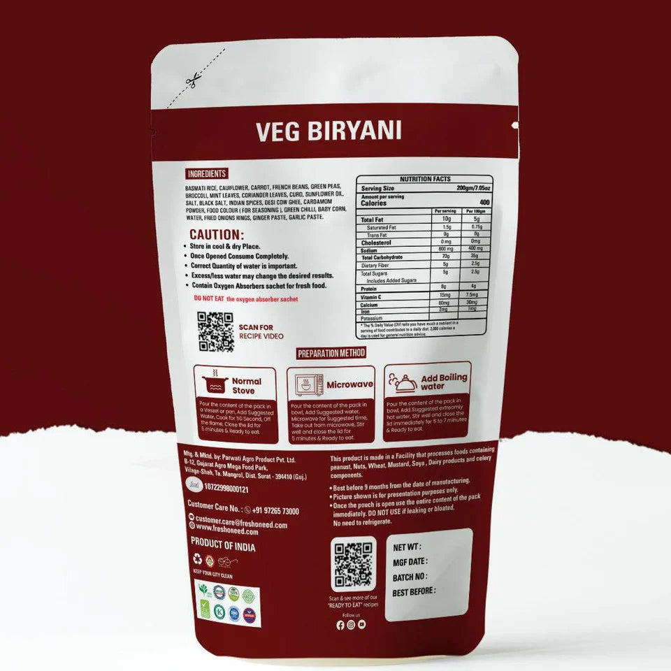 Fresh O Need Veg Biryani - Ready To Eat 200 gms