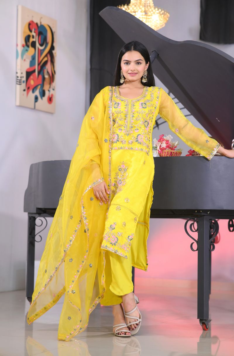 Yellow Lehenga Suit With Sequence And Embroidery Work | Ready To Wear