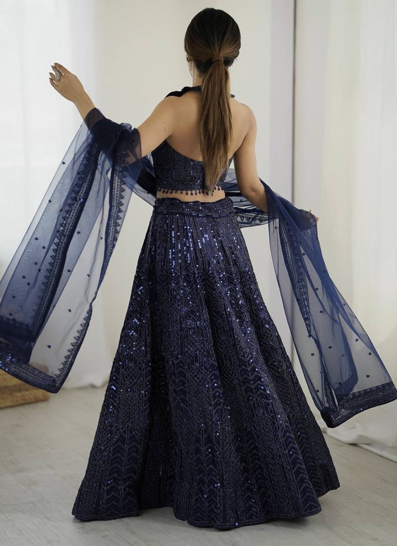 Royal Blue Net Lehenga Choli With Sequin Work V-Neck Set | Ready To Wear