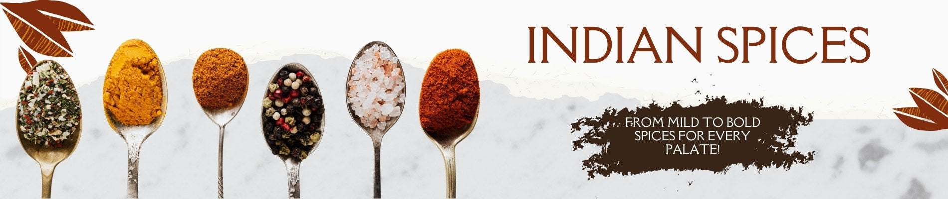 Banner highlighting Indian spices with a row of spoons filled with turmeric, chili, mixed spices, peppercorns, and salt, alongside the text 'Indian Spices: From mild to bold spices for every palate' on a clean white background.