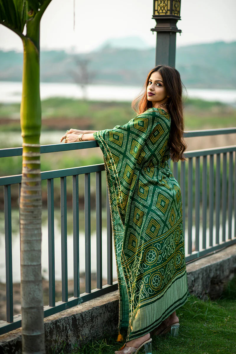 Green Kaftan With Digital Print Work | Ready To Wear