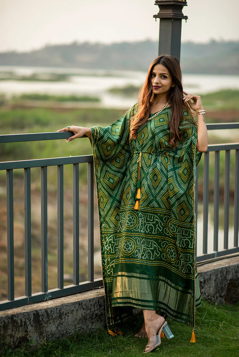 Green Kaftan With Digital Print Work | Ready To Wear