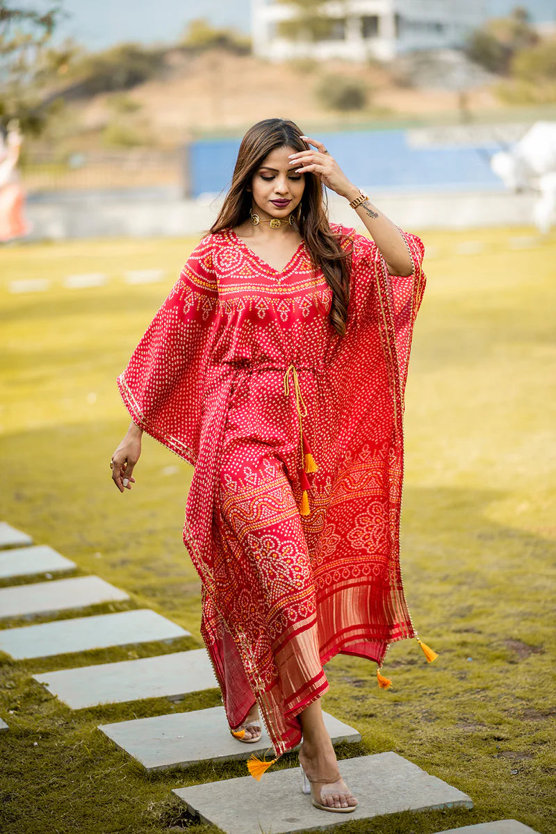Red Kaftan With Digital Print Work | Ready To Wear