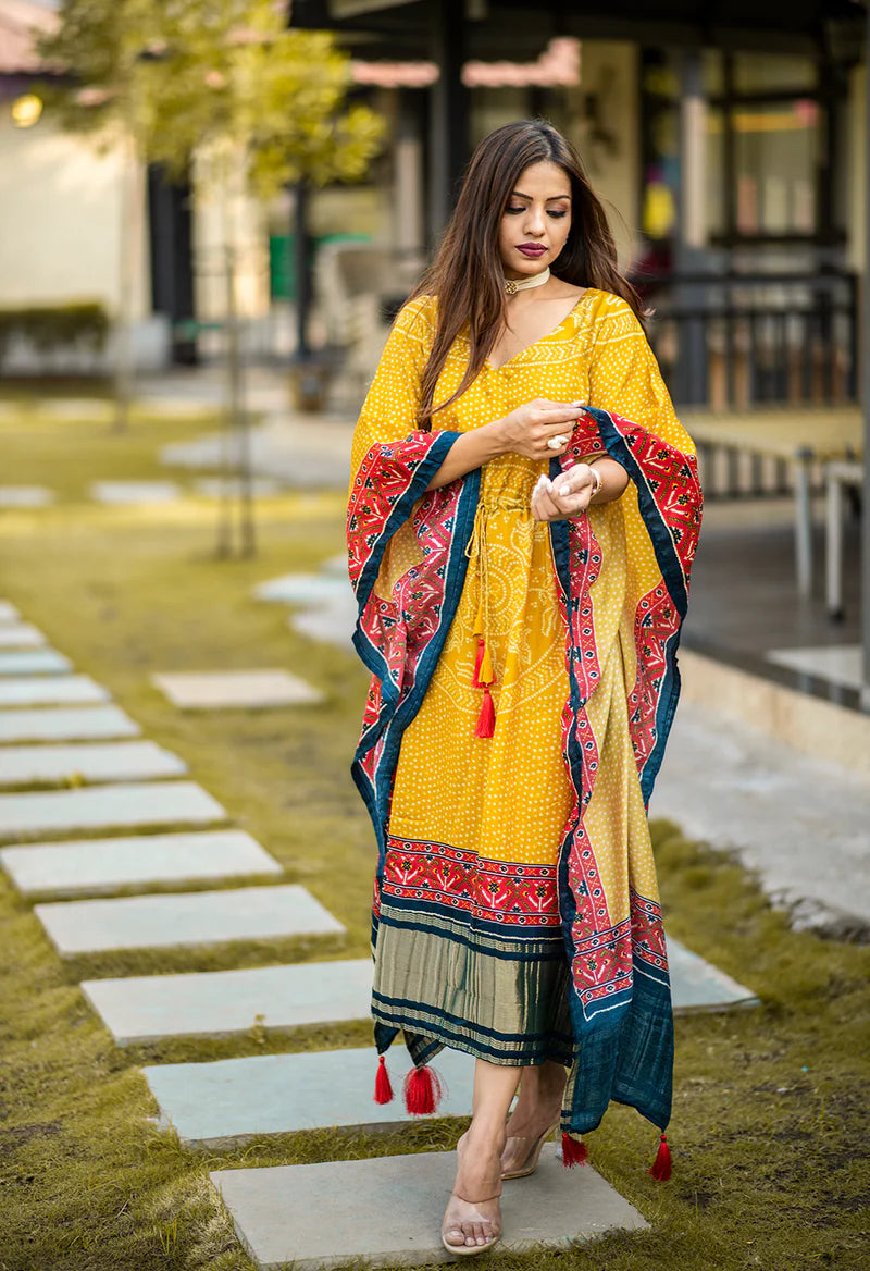 Yellow Kaftan Digital Print With Lace Border Work | Ready To Wear