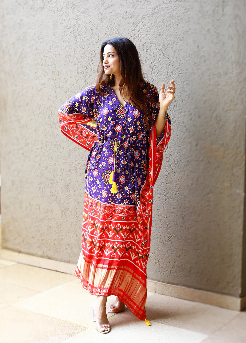 Pure Gajji Silk Kaftan Digital Print With Lace Border Work | Ready To Wear