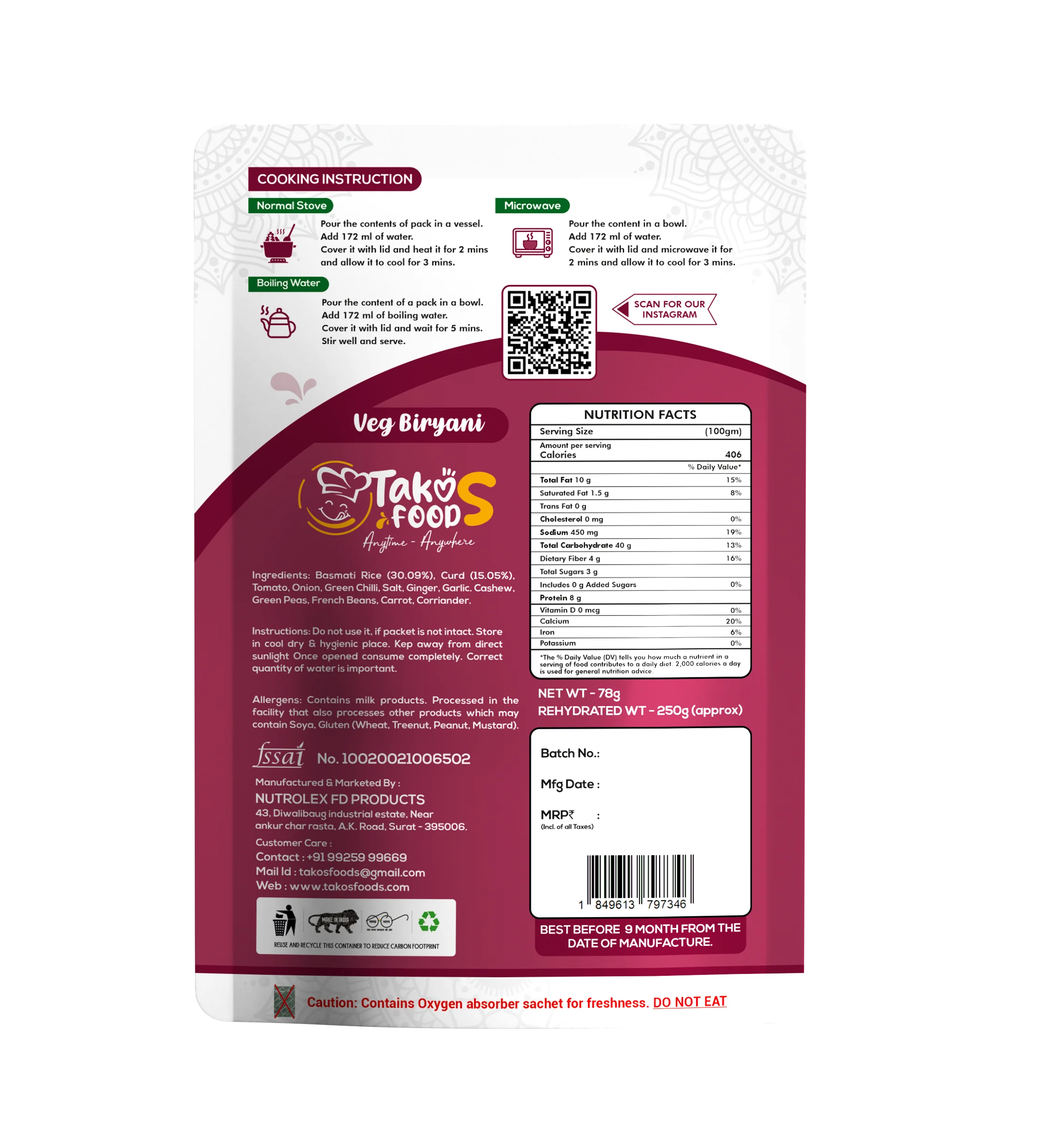 Takos Food Veg Biriyani | Ready To Eat 250 gms