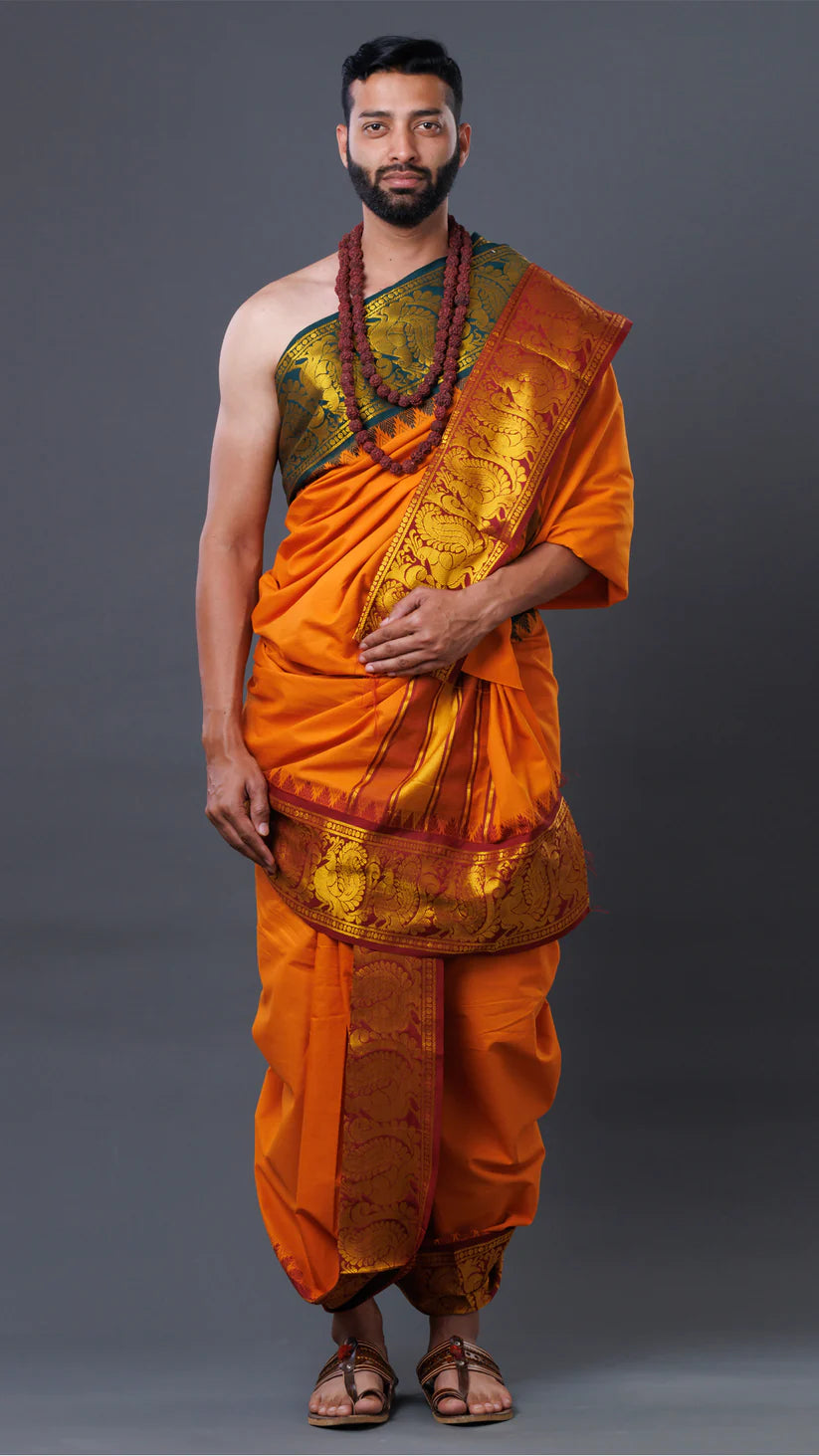 Traditional Cotton Dhoti With Green And Orange Color Combination