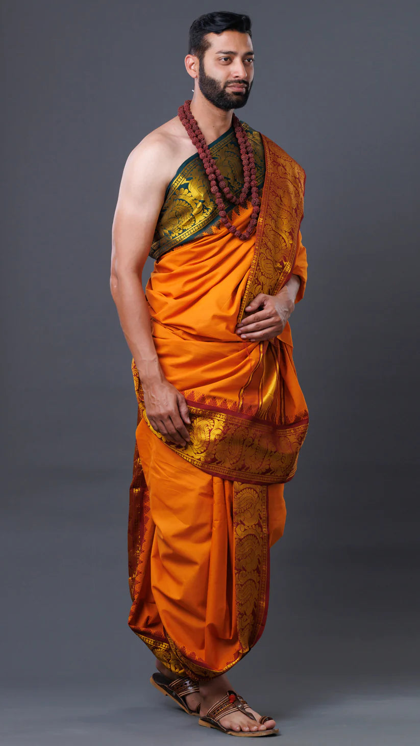 Traditional Cotton Dhoti With Green And Orange Color Combination