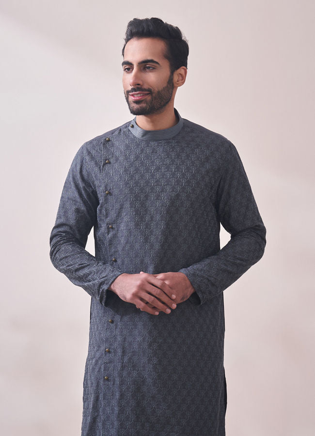 Manyawar Light Grey Self Design Kurta Set