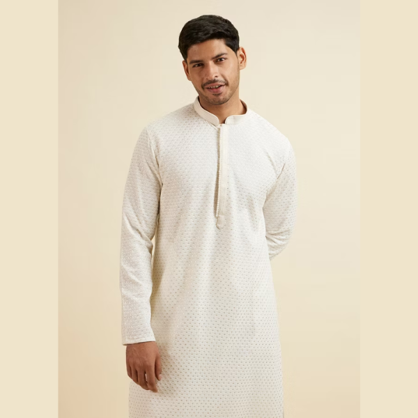 Manyavar Warm White Self Patterned Mirror Work Kurta Set