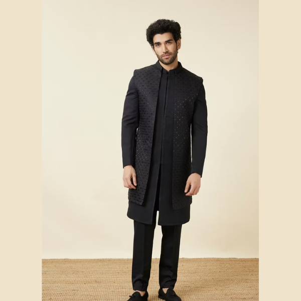 Manyavar Midnight Black Diamond Patterned Indo Western Set