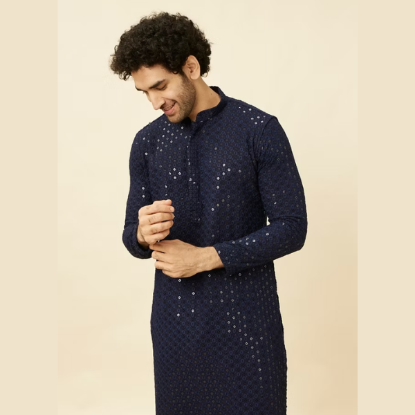 Manyavar Elegant Blue Kurta Pajama Set - India shopping