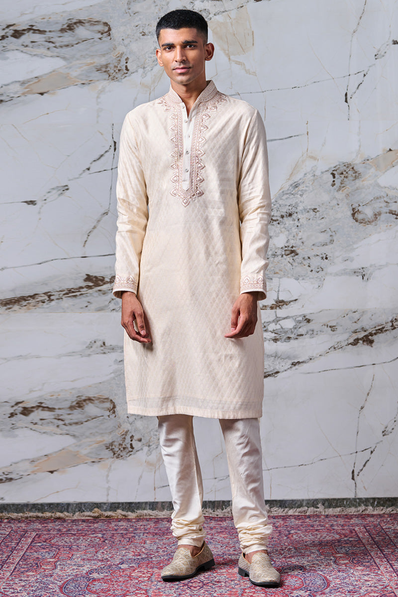 Cotton Jacquard Kurta Set With Embroidery Details