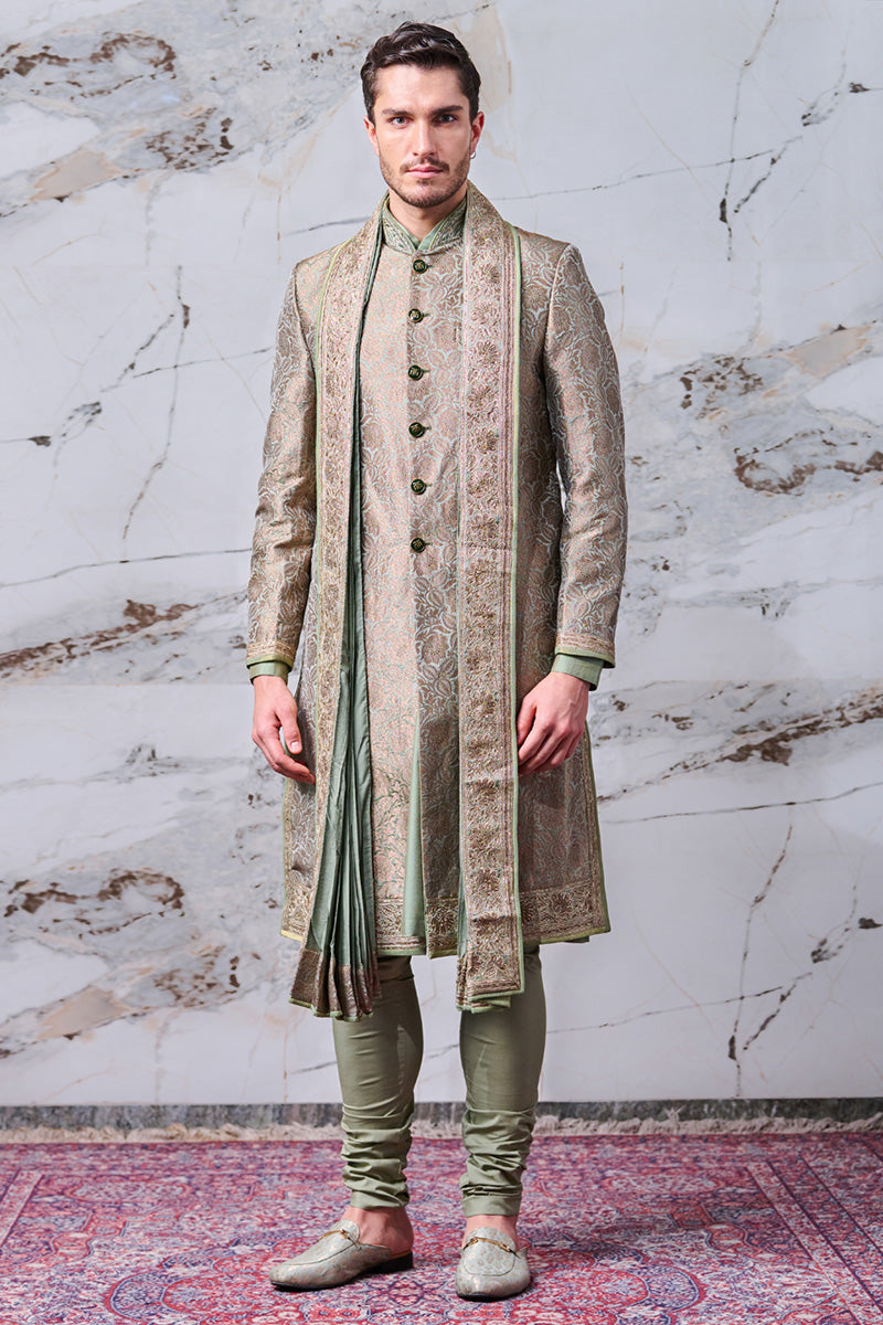 Green Sherwani In Brocade With All Over Highlights