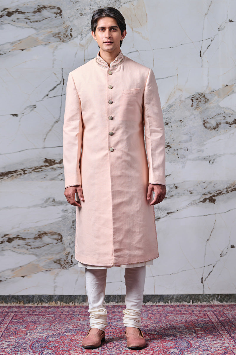 Sherwani In Linen With Resham And Dabka Embroidery