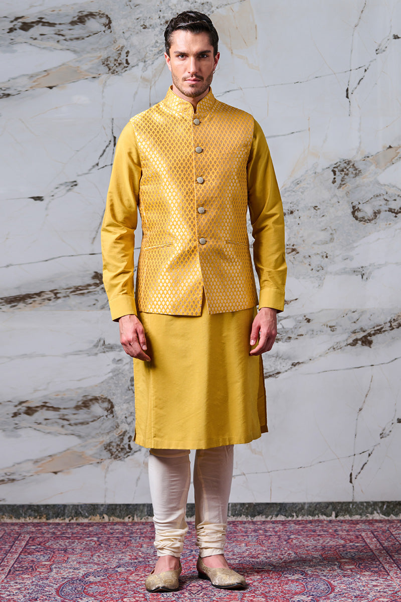 Yellow Resham Brocade Kurta Bundi Set