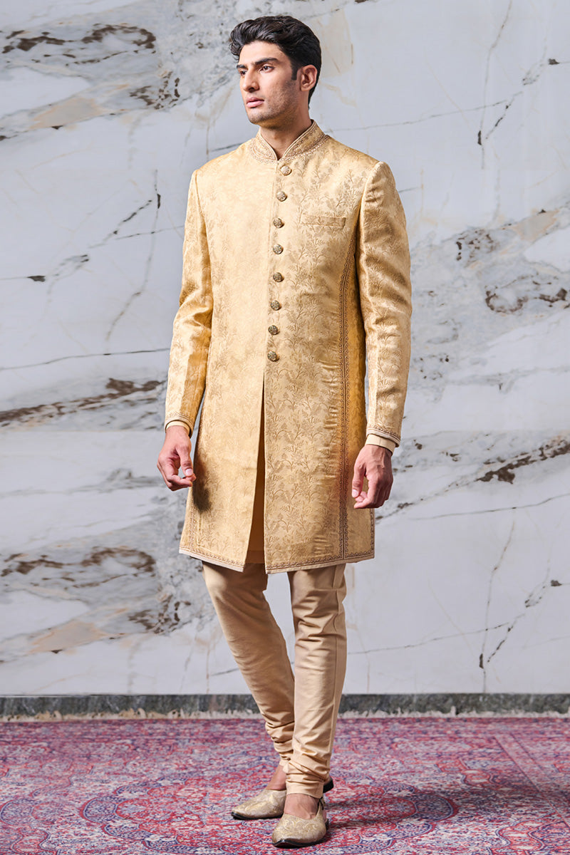 Gold Sherwani In Banaras Brocade With Java Embroidery