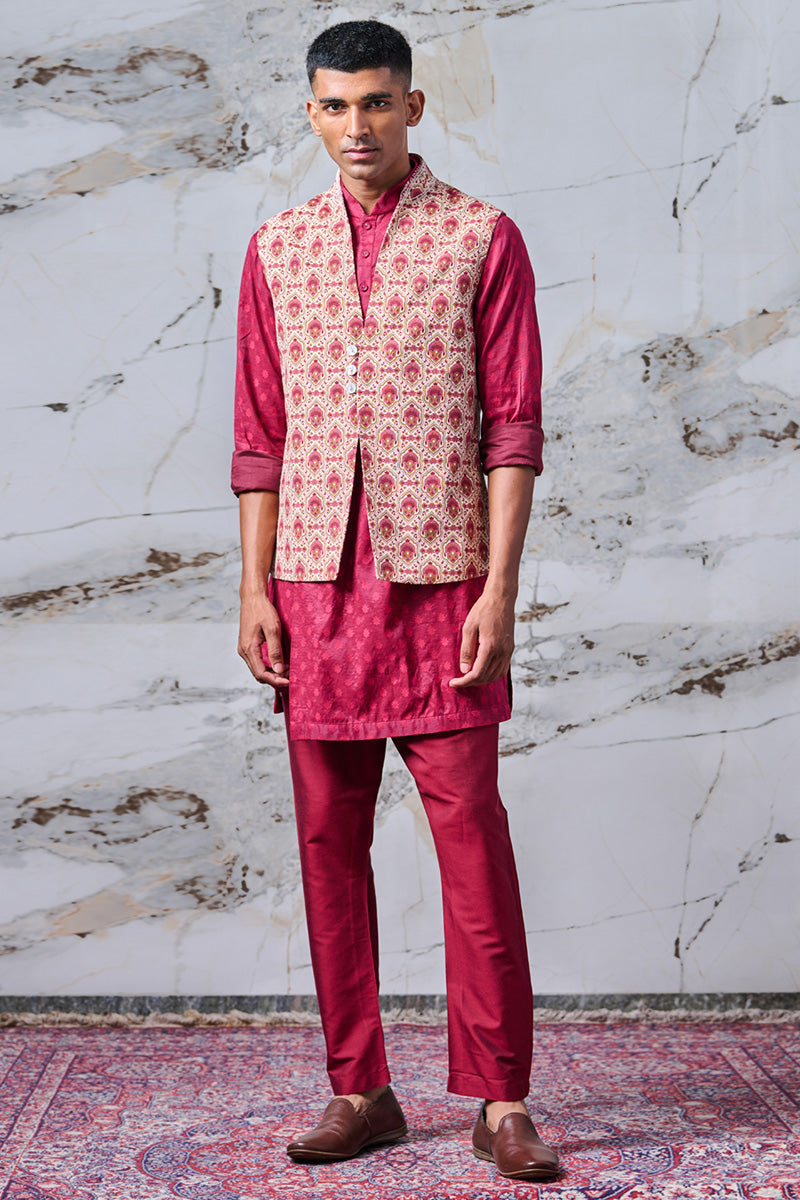 Printed Kurta Bundi Set With Pearl Highlights