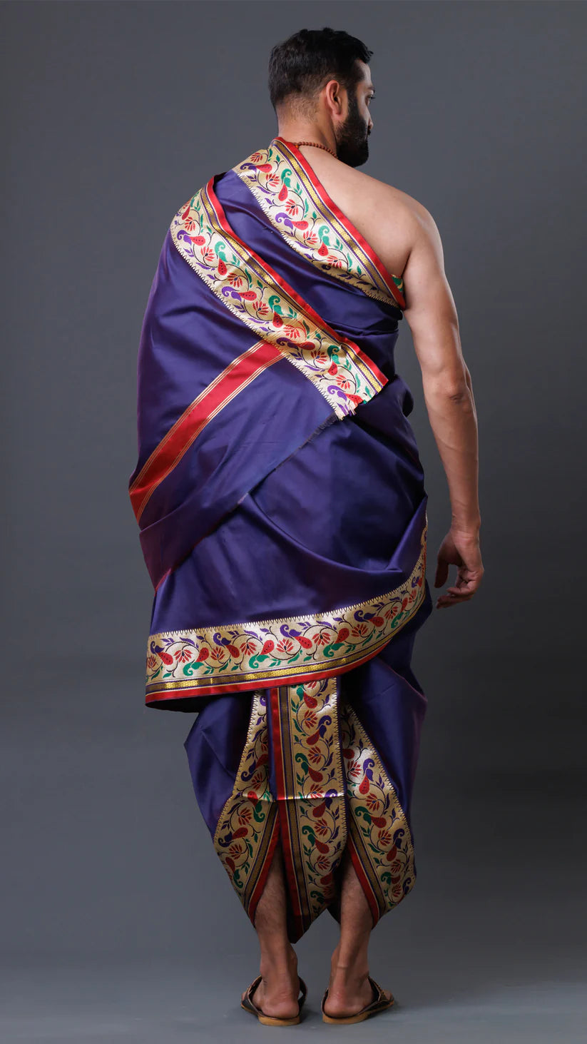 Classical Wonder Border Jod Navy Blue Silk Dhoti