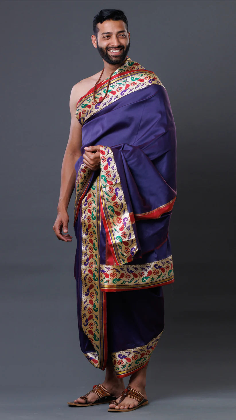 Classical Wonder Border Jod Navy Blue Silk Dhoti