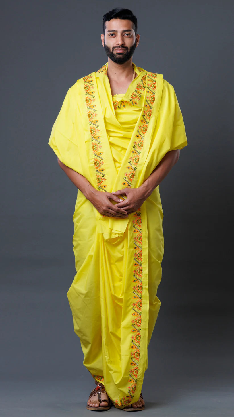 Traditional High Quality Cotton Jod Lemon Colour Dhoti