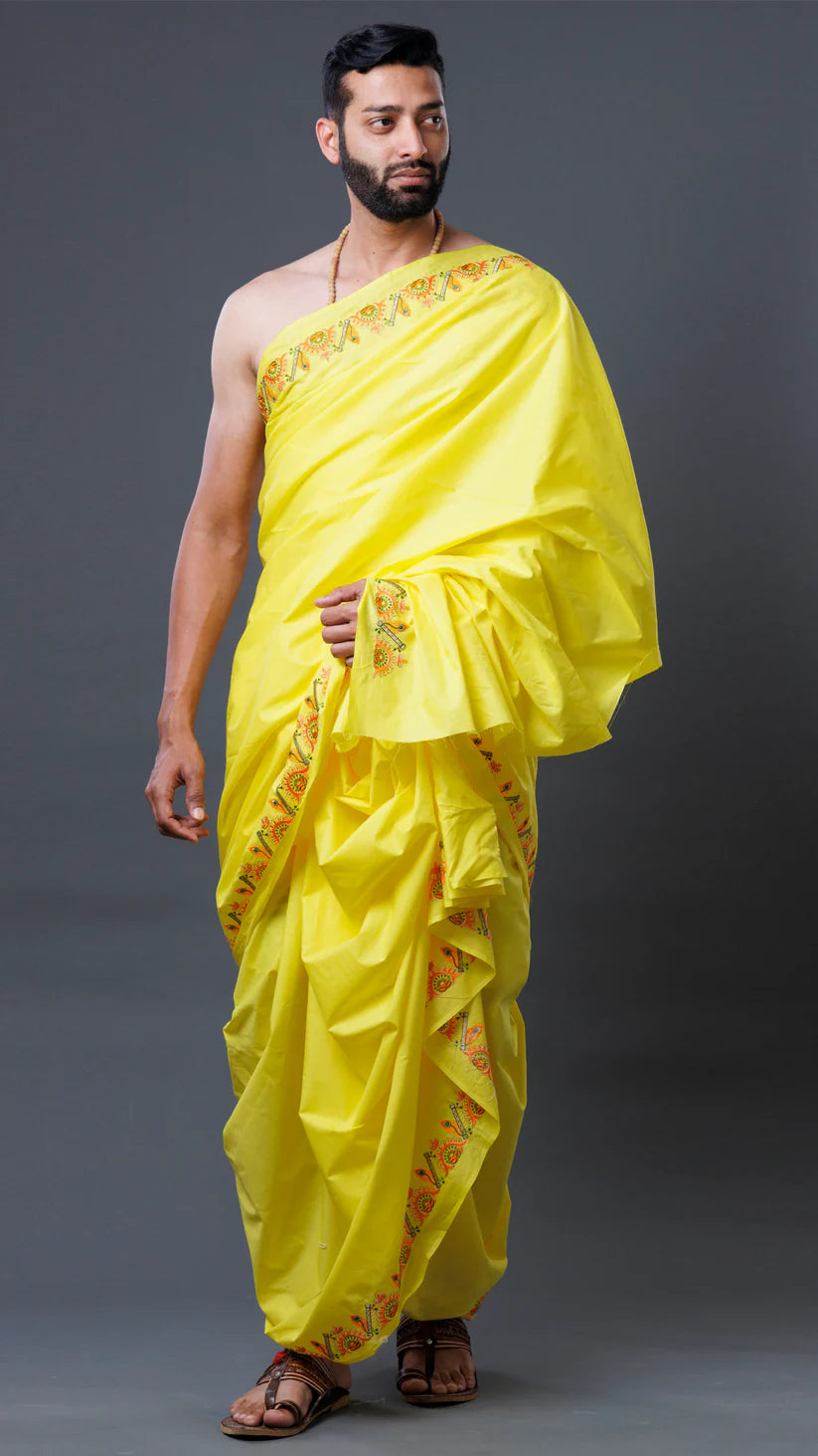 Traditional High Quality Cotton Jod Lemon Colour Dhoti