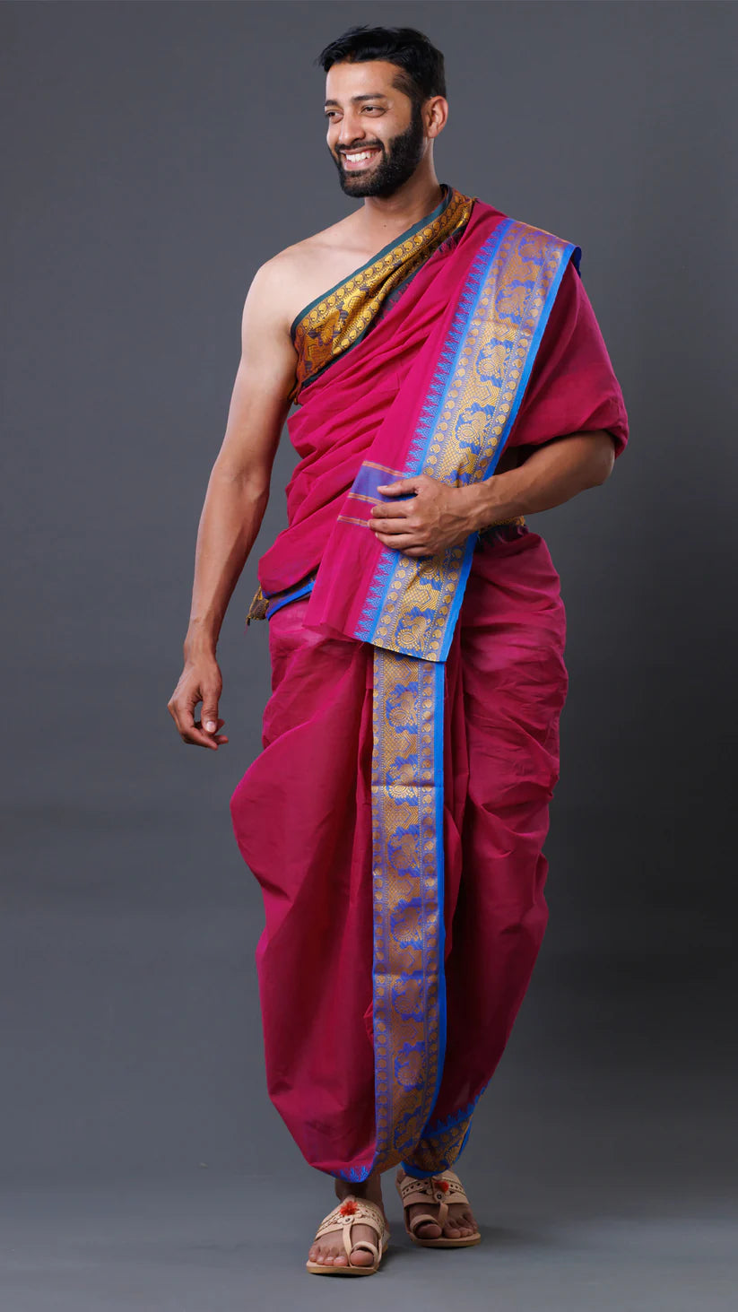 Chennai Express Jod Res Color 4-Inch Border Cotton Dhoti