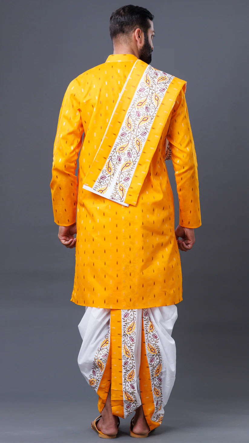 Mahaprabhuji 3-Piece Set White Dhoti Yallow Colour Kurta And White Khes