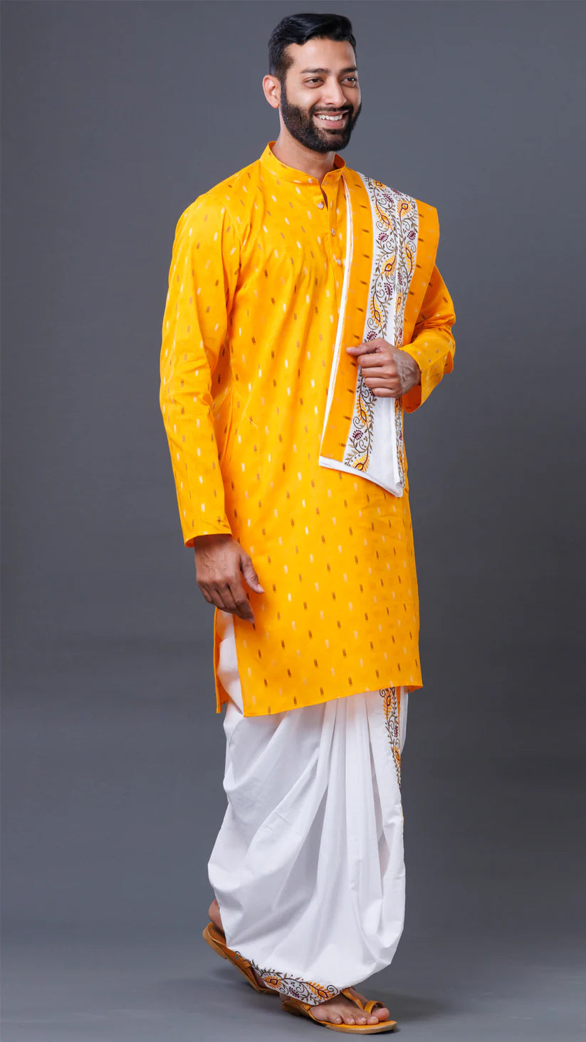 Mahaprabhuji 3-Piece Set White Dhoti Yallow Colour Kurta And White Khes