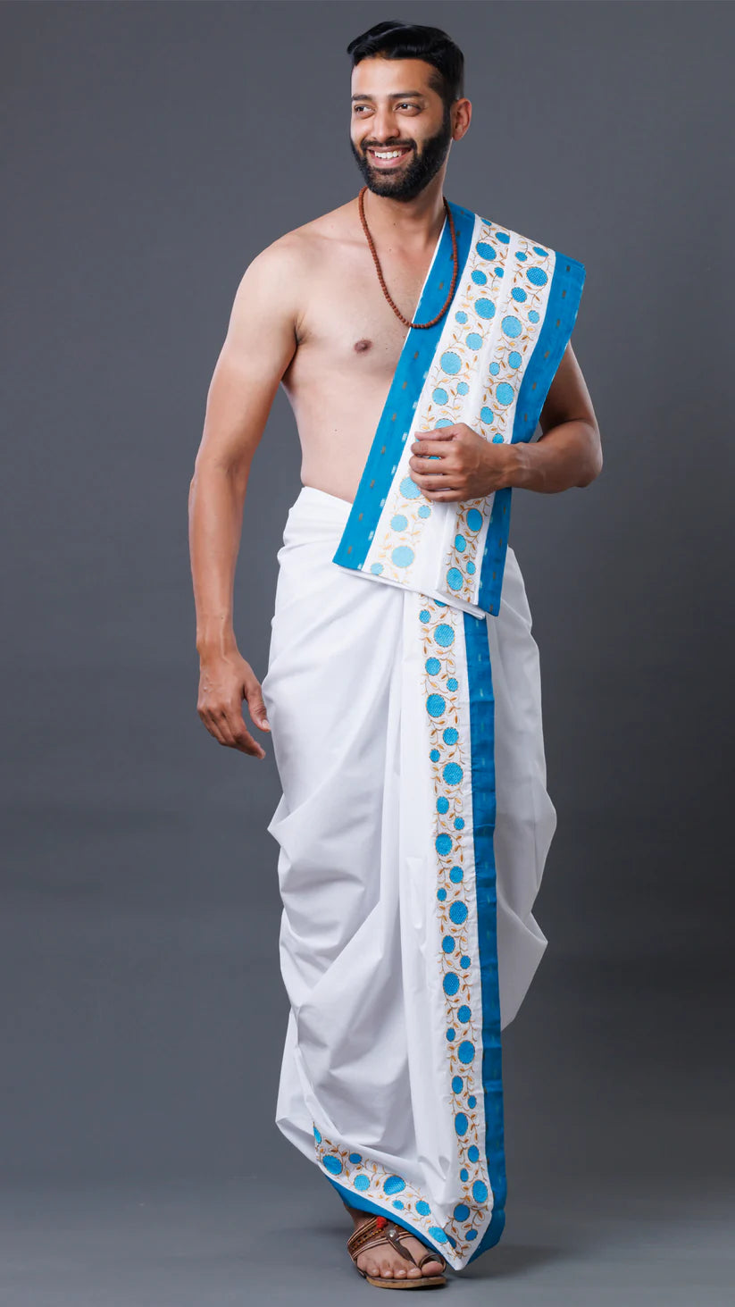 Work Colour Blue Border Jod High-Quality Cotton White Dhoti