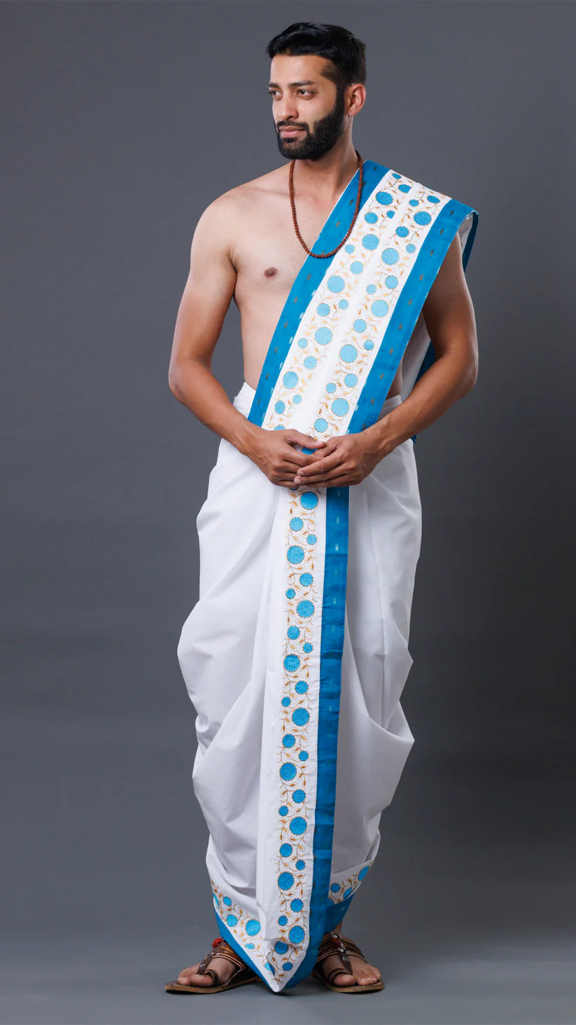 Work Colour Blue Border Jod High-Quality Cotton White Dhoti