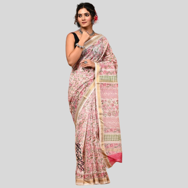 Pink Cream Golden Zari Maheshwari silk saree with blouse Bagru hand block printed