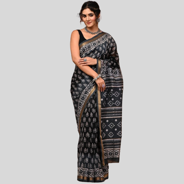 Black Golden Zari Maheshwari silk saree with blouse Bagru hand block printed