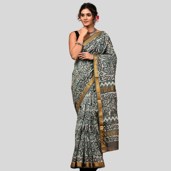 Gray Sky Golden Zari Maheshwari silk saree with blouse Bagru hand block printed