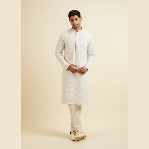 Manyavar Warm White Self Patterned Mirror Work Kurta Set