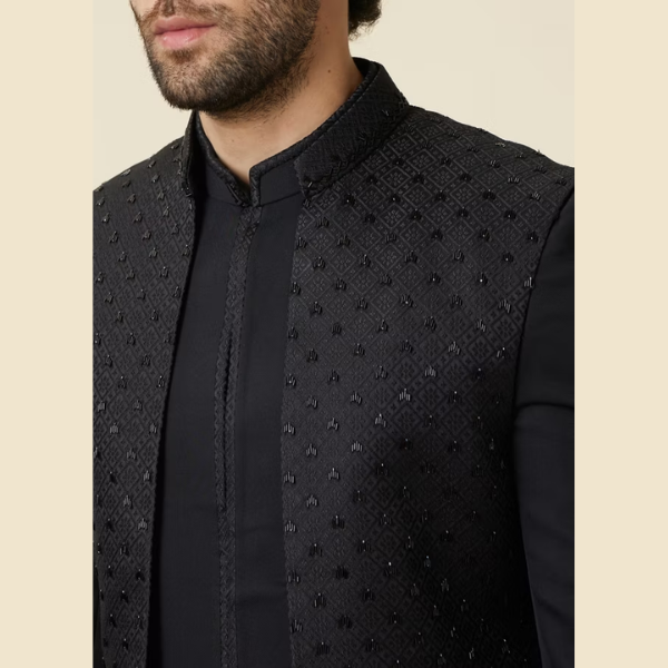 Manyavar Midnight Black Diamond Patterned Indo Western Set