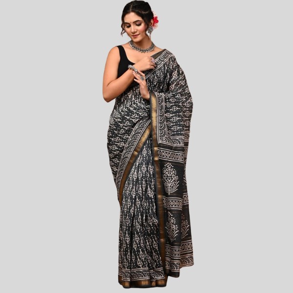 Black White Golden Zari Maheshwari silk saree with blouse Bagru hand block printed