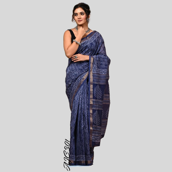 Blue Golden Zari Maheshwari silk saree with blouse Bagru hand block printed