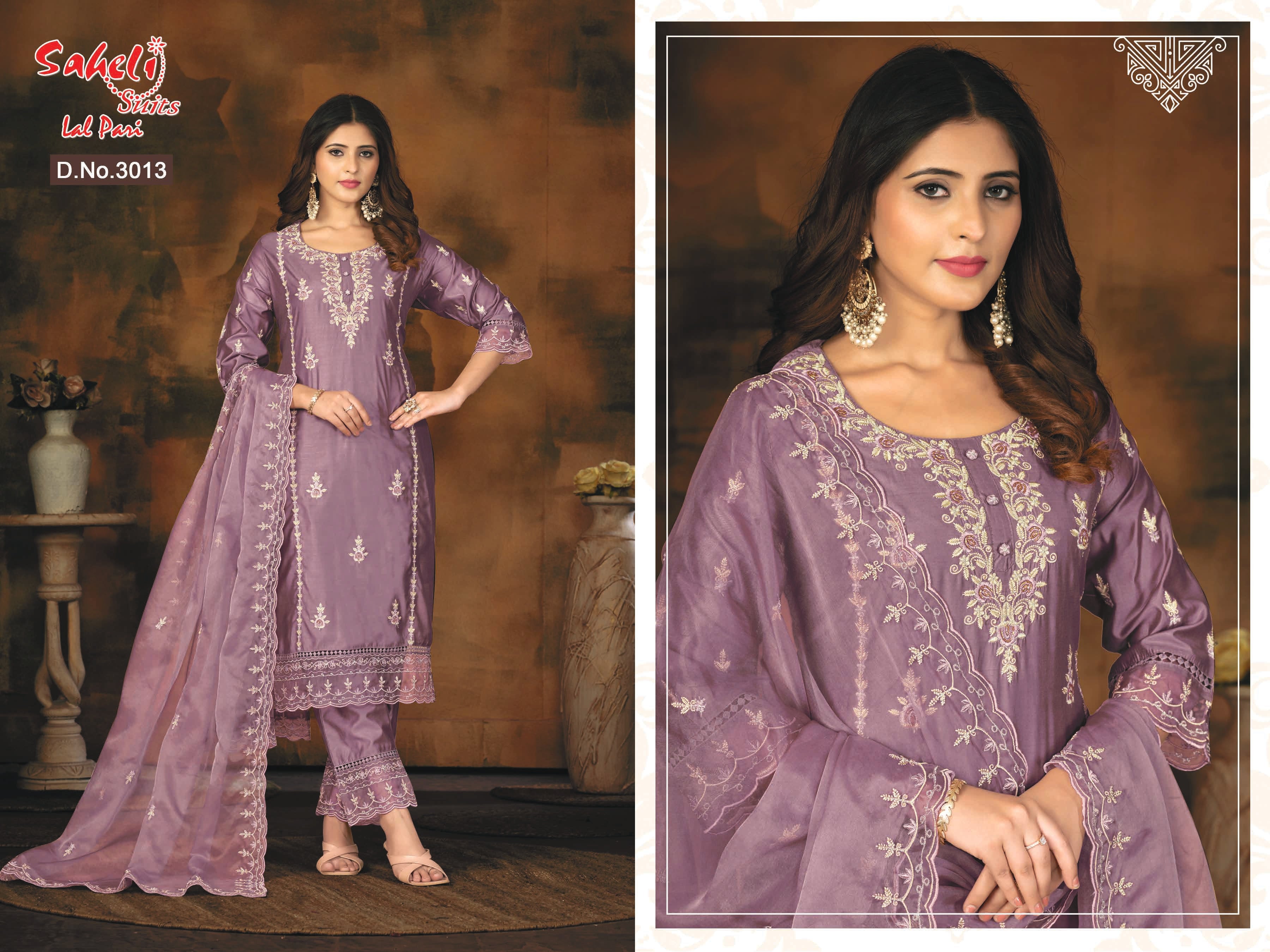 Lavender Suit Set With Organza Dupatta