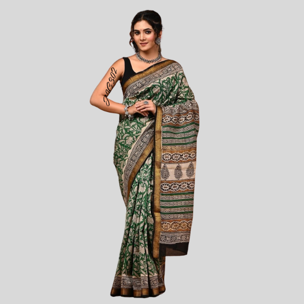 Green Black White Golden Zari Maheshwari silk saree with blouse Bagru hand block printed