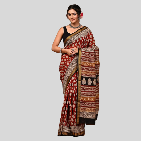 Brown Red with Black White Golden Zari Maheshwari silk saree with blouse Bagru hand block printed