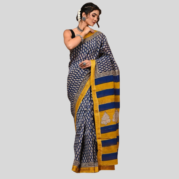 Blue Gold With Golden Zari Maheshwari silk saree with blouse Bagru hand block printed