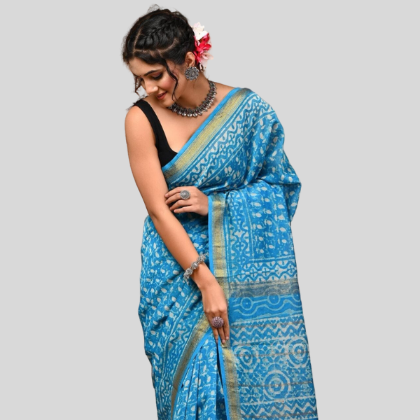 Sky Golden Zari Maheshwari silk saree with blouse Bagru hand block printed