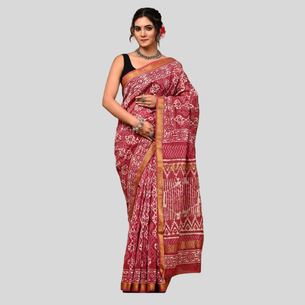 Pastle WIne Golden Zari Maheshwari silk saree with blouse Bagru hand block printed