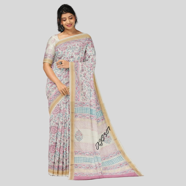 Pastle Pink Sky White Golden Zari Maheshwari silk saree with blouse Bagru hand block printed