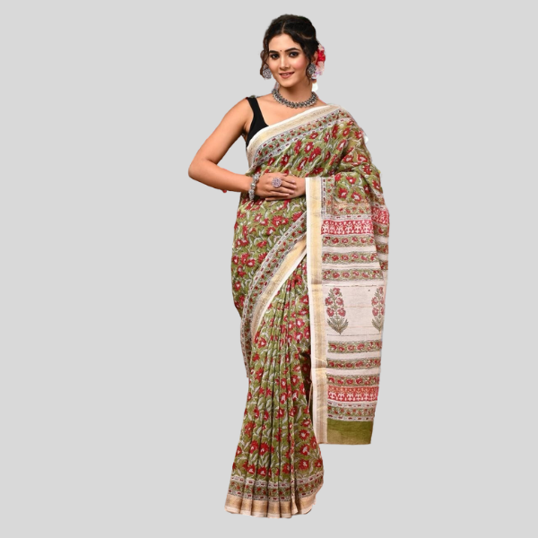 Mehndi Green with Red Golden Zari Maheshwari silk saree with blouse Bagru hand block printed